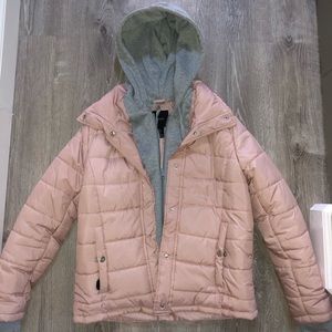 pink and grey puffer jacket